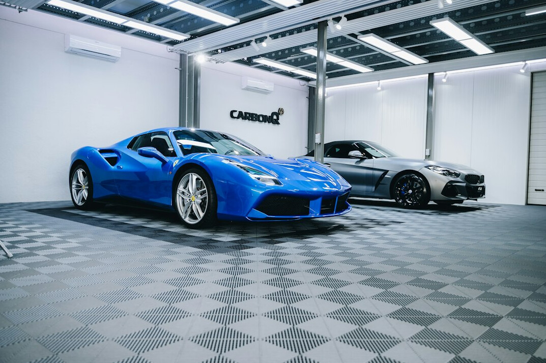Car in a bright garage ready for polishing